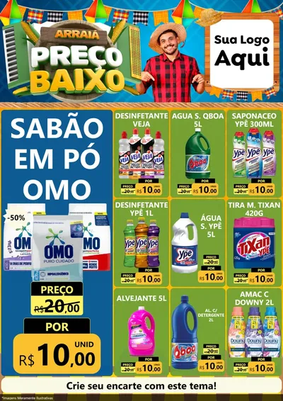 Modelo de Encarte para Encarte A4 Vertical com o tema Arraiá de Preço Baixo - Junina para Produtos de Limpeza