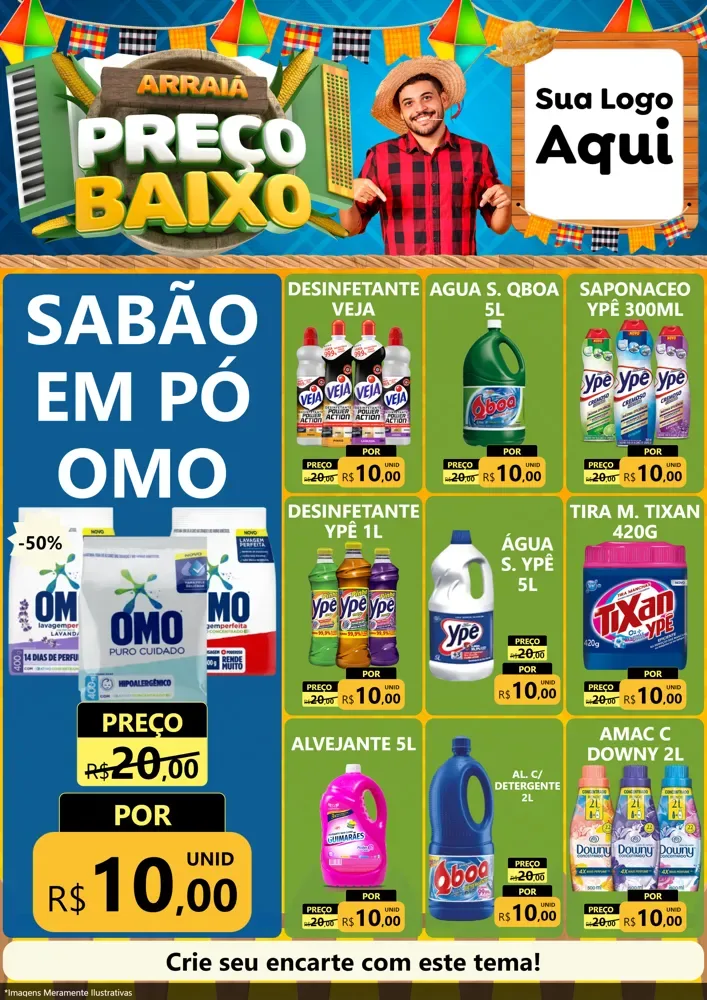Modelo de Encarte para Encarte A4 Vertical com o tema Arraiá de Preço Baixo - Junina para Produtos de Limpeza