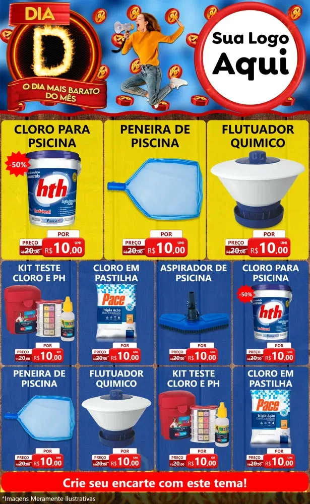 Modelo de Encarte para Encarte Grande com o tema Dia D - O Dia Mais Barato Do Mês para Produtos para Piscina