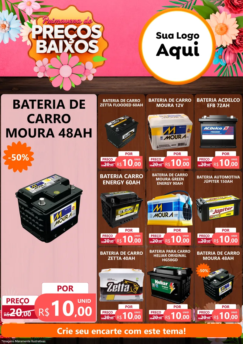 Modelo de Encarte para Encarte A4 Vertical com o tema Primavera de Preços Baixos para Baterias Elétricas
