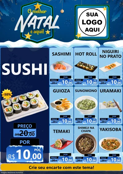 Modelo de Encarte para Encarte A4 Vertical com o tema O Melhor Natal É Aqui! para Comida japonesa