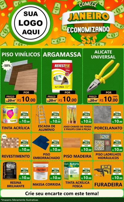 Modelo de Encarte para Encarte Grande com o tema Comece Janeiro Economizando para Material para Construção