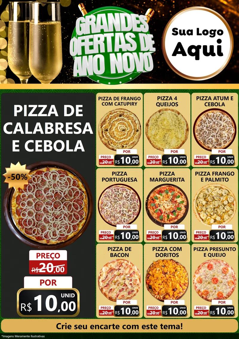 Modelo de Encarte para Encarte A4 Vertical com o tema Grandes Ofertas de Ano Novo para Pizzaria
