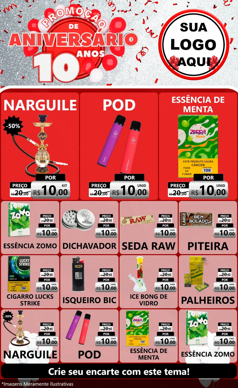 Modelo de Encarte para Encarte Grande com o tema Promoção de Aniversário - 10 Anos para Tabacaria