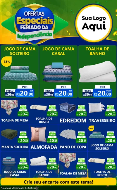Modelo de Encarte para Encarte Grande com o tema Ofertas Especiais Feriado da Independência para Cama, Mesa e Banho