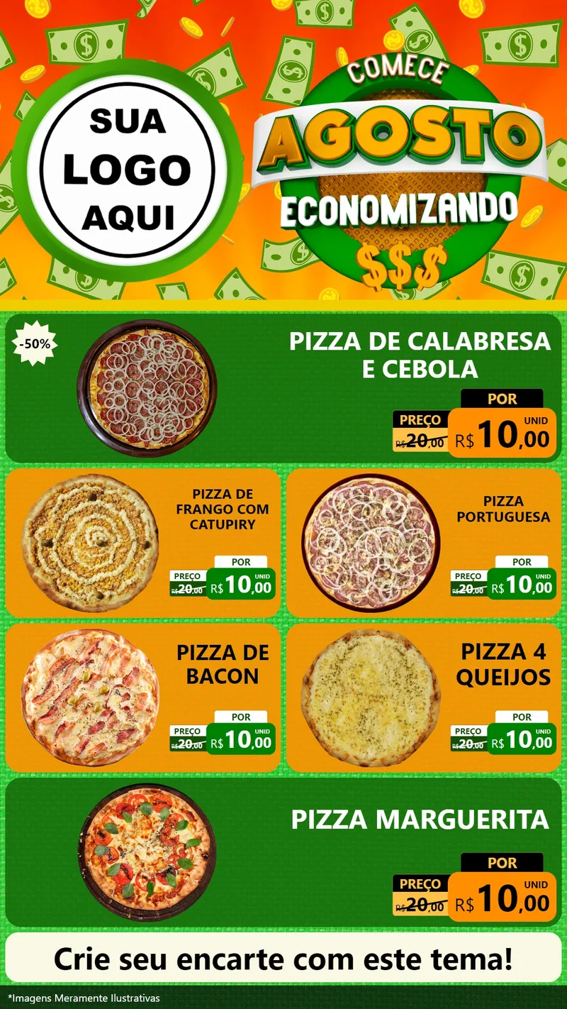 Modelo de TV para TV Vertical com o tema Comece Agosto Economizando para Pizzaria