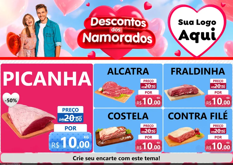 Modelo de Encarte para Encarte A4 Horizontal com o tema Descontos dos Namorados para Açougue