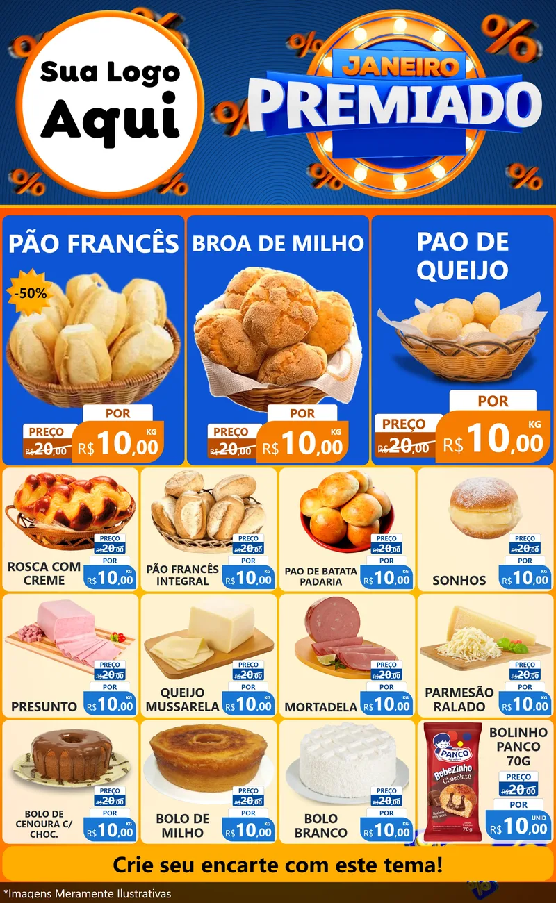 Modelo de Encarte para Encarte Grande com o tema Janeiro Premiado para Padaria