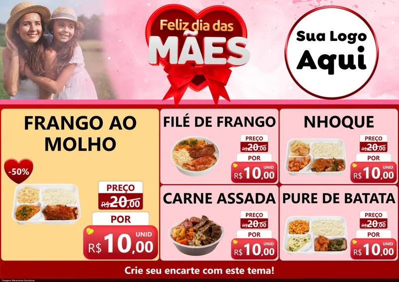 Modelo de Encarte para Encarte A4 Horizontal com o tema Feliz Dia Das Mães para Restaurante