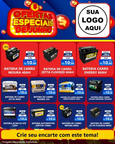 Modelo de Rede Social para Feed Instagram com o tema Ofertas Especiais de Junho para Baterias Elétricas