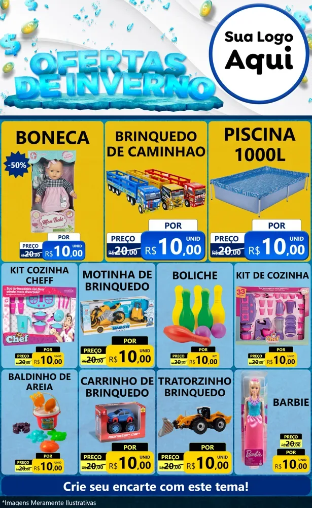 Modelo de Encarte para Encarte Grande com o tema Ofertas de Inverno para Brinquedos