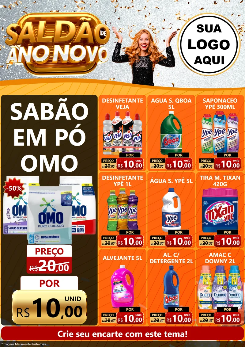 Modelo de Encarte para Encarte A4 Vertical com o tema Saldão de Ano Novo para Produtos de Limpeza