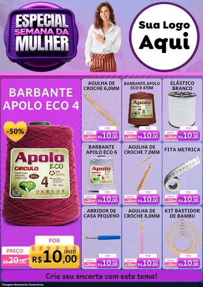 Modelo de Encarte para Encarte A4 Vertical com o tema Especial Semana da Mulher para Armarinho e Aviamentos