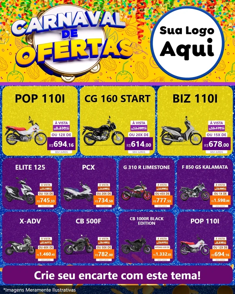 Modelo de Rede Social para Feed Instagram com o tema Carnaval de Ofertas para Concessionaria de Motos
