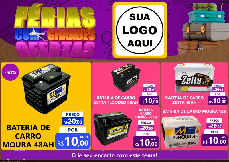 Modelo de Encarte para Encarte A4 Horizontal com o tema Férias com Grandes Ofertas para Baterias Elétricas