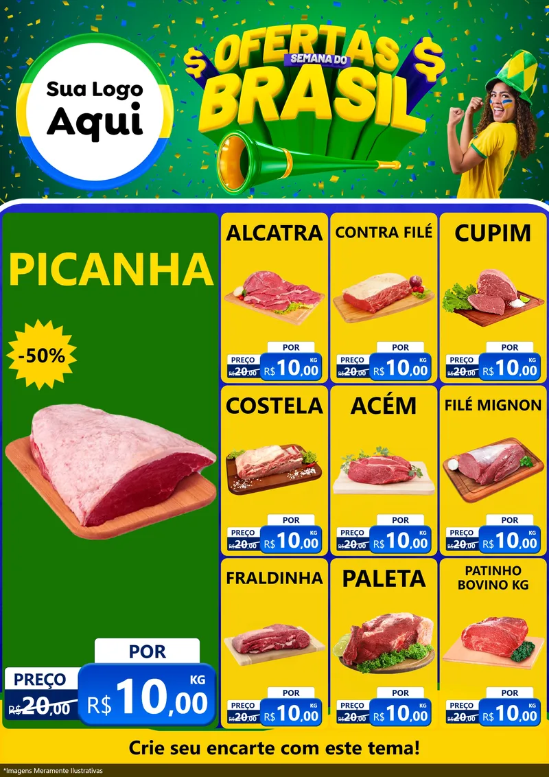 Modelo de Encarte para Encarte A4 Vertical com o tema Ofertas Semana do Brasil para Açougue