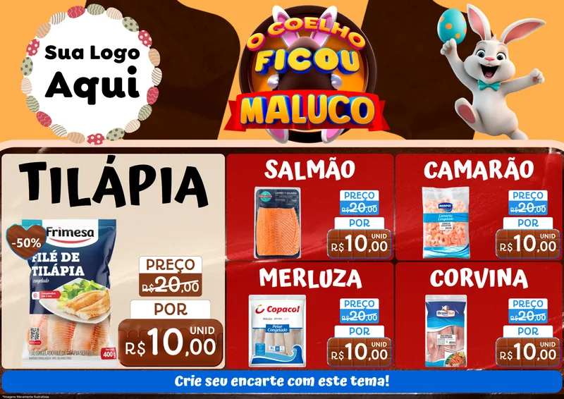 Modelo de Encarte para Encarte A4 Horizontal com o tema O Coelho Ficou Maluco - Páscoa para Peixaria