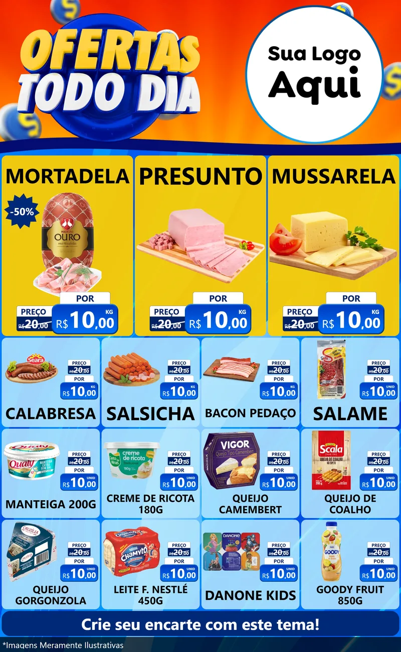 Modelo de Encarte para Encarte Grande com o tema Ofertas Todo Dia para Frios e Laticínios