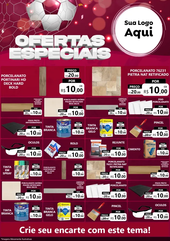Modelo de Encarte para Encarte A4 Vertical com o tema Ofertas Especiais - Futebol para Pisos e revestimentos