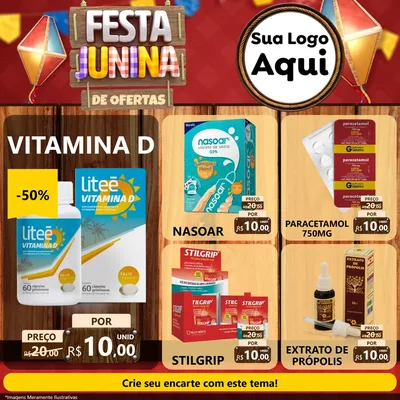 Modelo de Rede Social para Feed Facebook com o tema Festa Junina de Ofertas para Farmácia