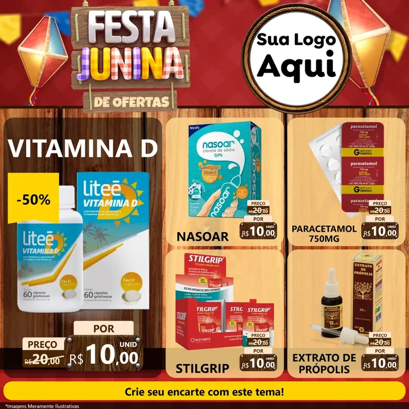 Modelo de Rede Social para Feed Facebook com o tema Festa Junina de Ofertas para Farmácia