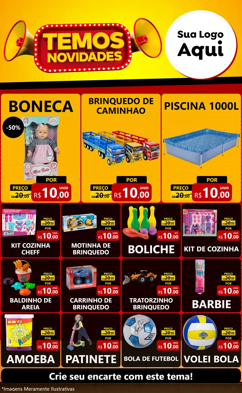 Modelo de Encarte para Encarte Grande com o tema Temos Novidades para Brinquedos