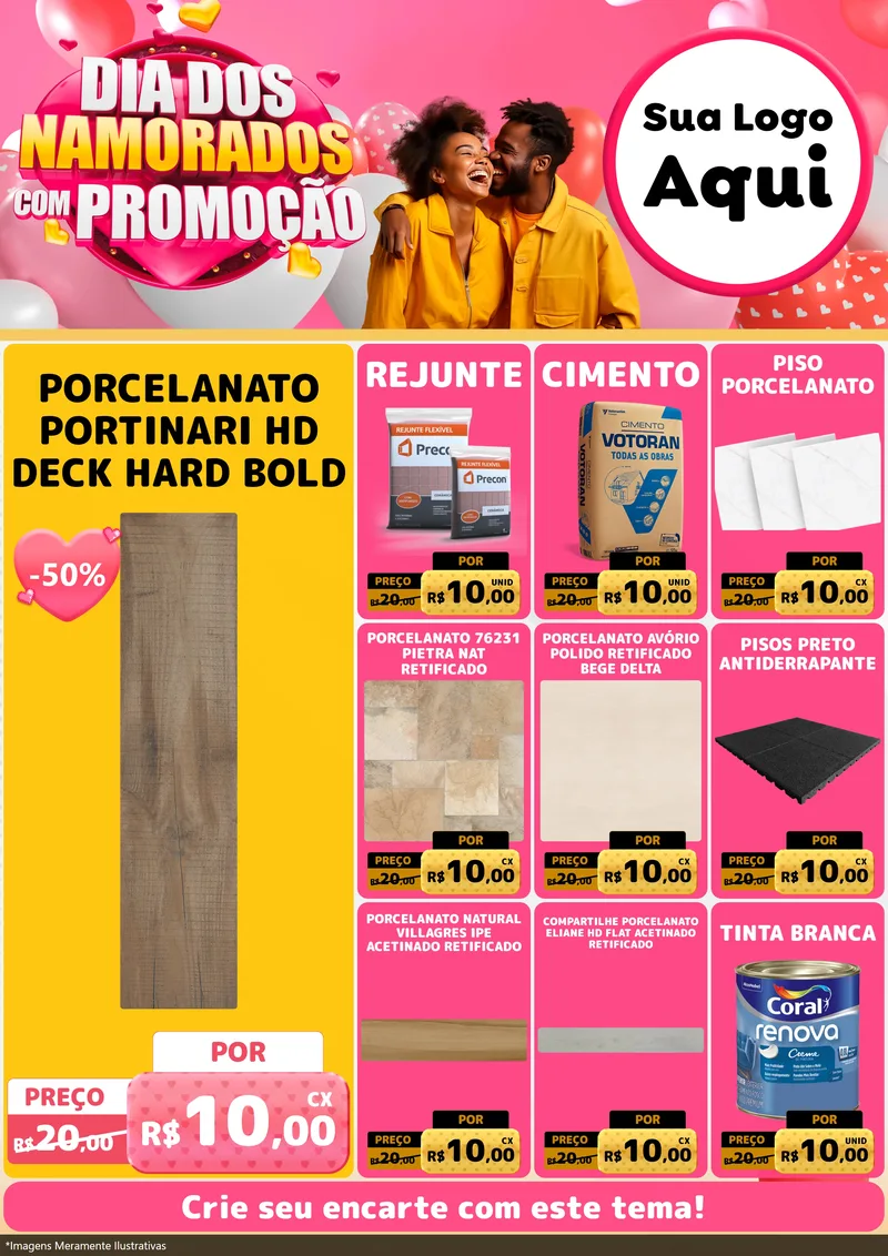 Modelo de Encarte para Encarte A4 Vertical com o tema Dia dos Namorados com Promoção para Pisos e revestimentos