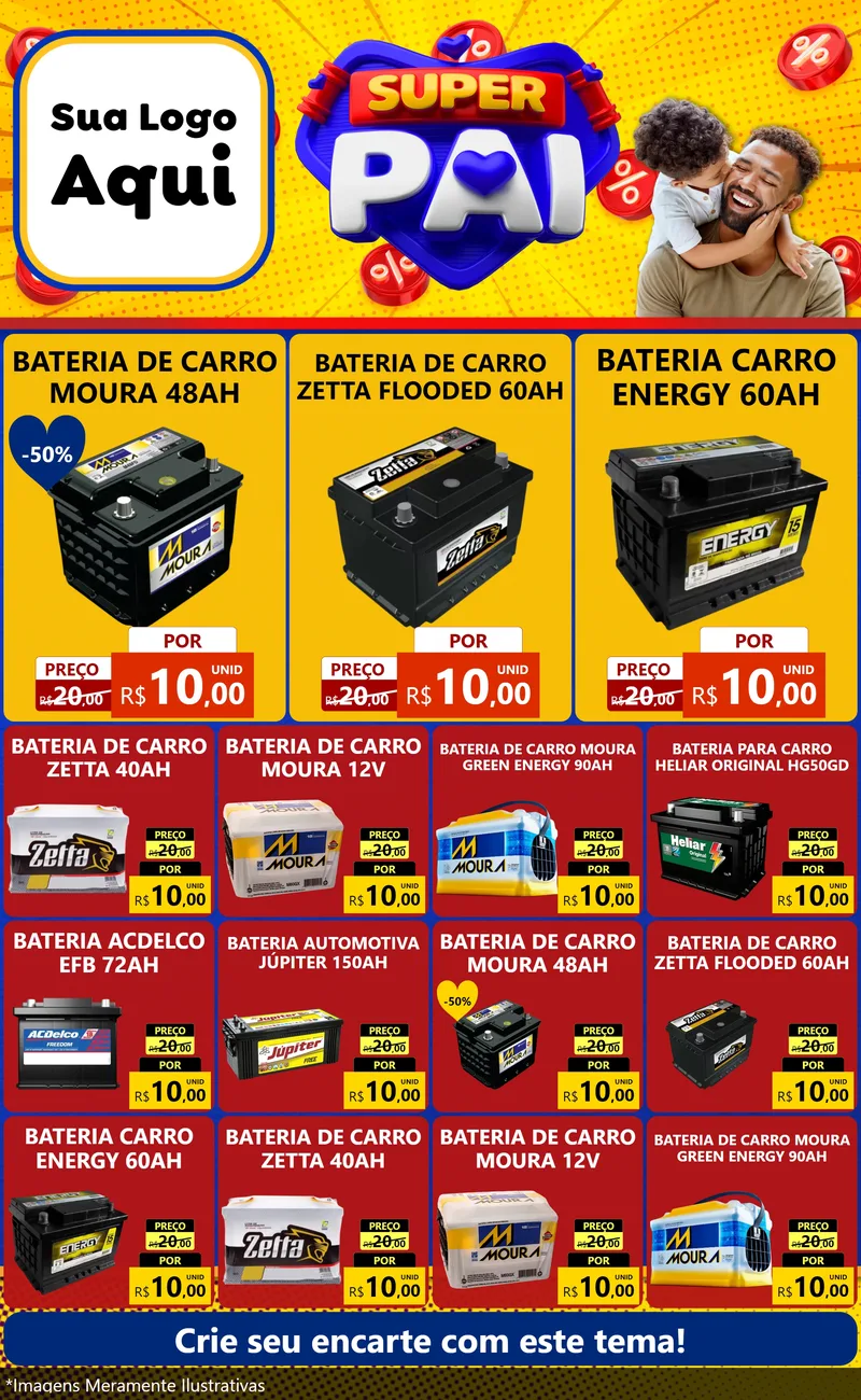 Modelo de Encarte para Encarte Grande com o tema Super Pai para Baterias Elétricas