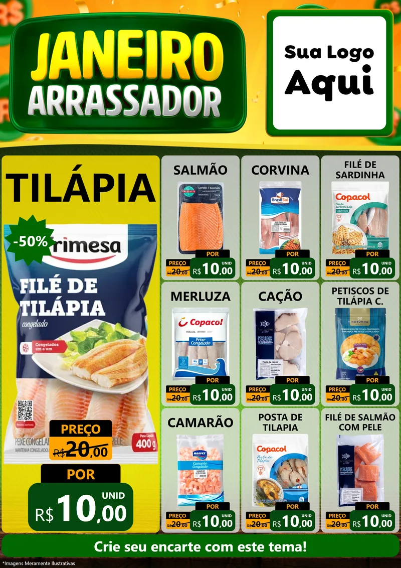 Modelo de Encarte para Encarte A4 Vertical com o tema Janeiro Arrasador para Peixaria