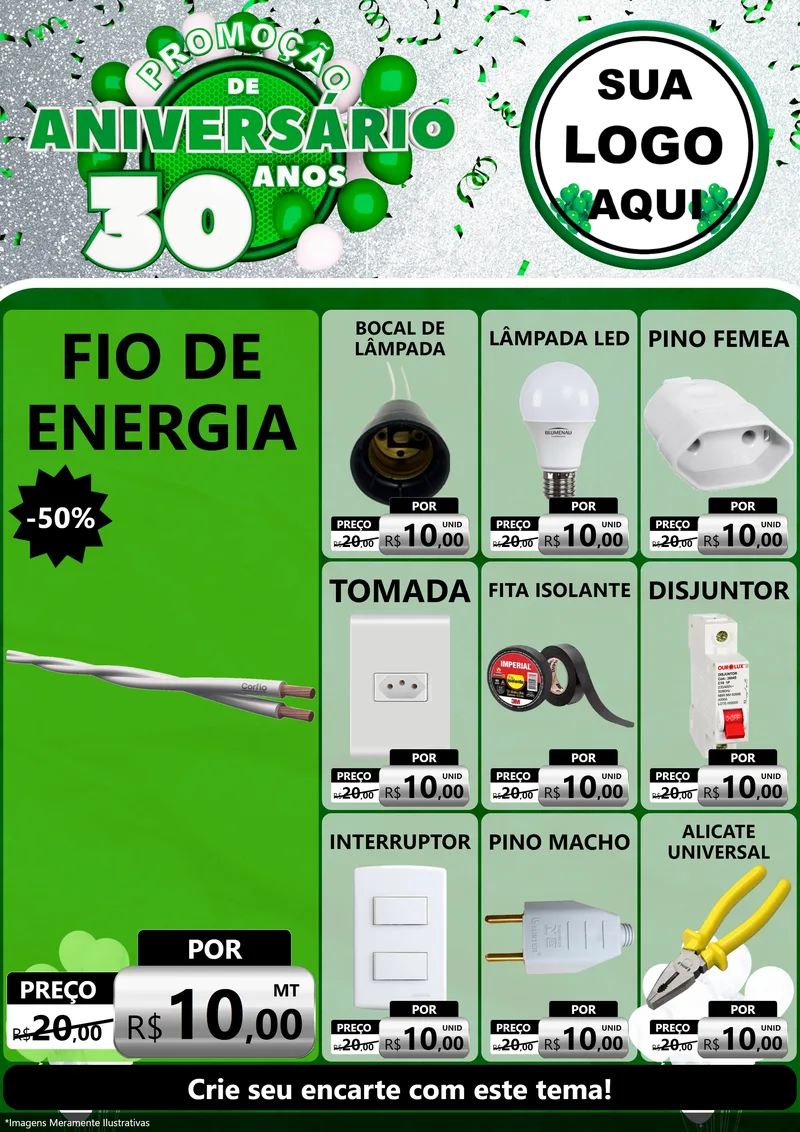 Modelo de Encarte para Encarte A4 Vertical com o tema Promoção de Aniversário - 30 Anos para Materiais Elétricos