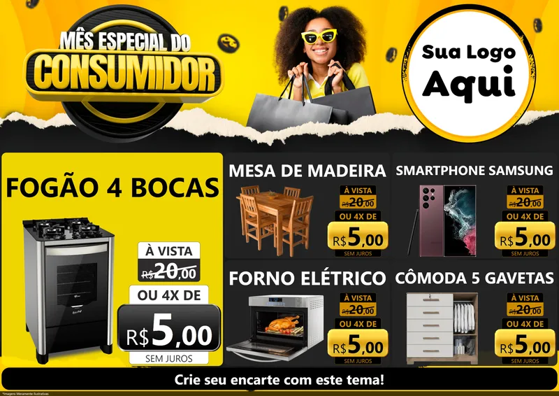 Modelo de Encarte para Encarte A4 Horizontal com o tema Mês Especial do Consumidor para Móveis e Eletro