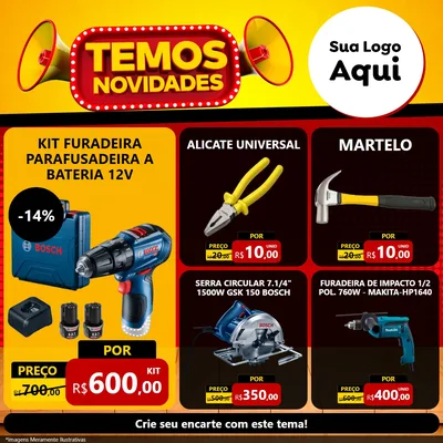 Modelo de Rede Social para Feed Facebook com o tema Temos Novidades para Maquinas e Ferramentas