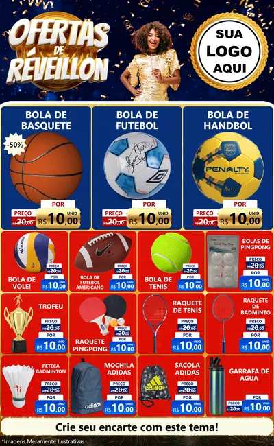 Modelo de Encarte para Encarte Grande com o tema Ofertas de Réveillon para Artigos Esportivos