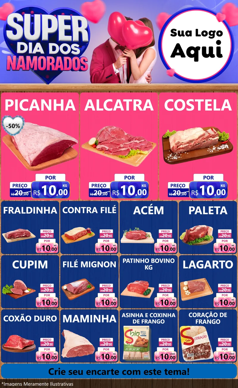 Modelo de Encarte para Encarte Grande com o tema Super Dia dos Namorados para Açougue