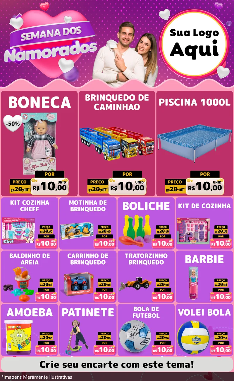 Modelo de Encarte para Encarte Grande com o tema Semana dos Namorados para Brinquedos