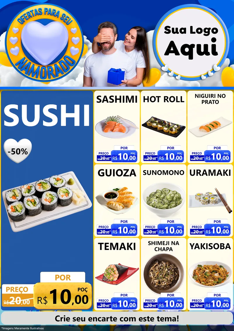 Modelo de Encarte para Encarte A4 Vertical com o tema Ofertas Para Seu Namorado para Comida japonesa