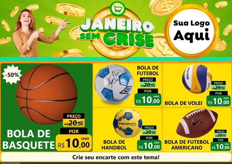 Modelo de Encarte para Encarte A4 Horizontal com o tema Janeiro Sem Crise para Artigos Esportivos
