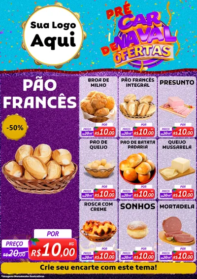 Modelo de Encarte para Encarte A4 Vertical com o tema Pré Carnaval de Ofertas para Padaria