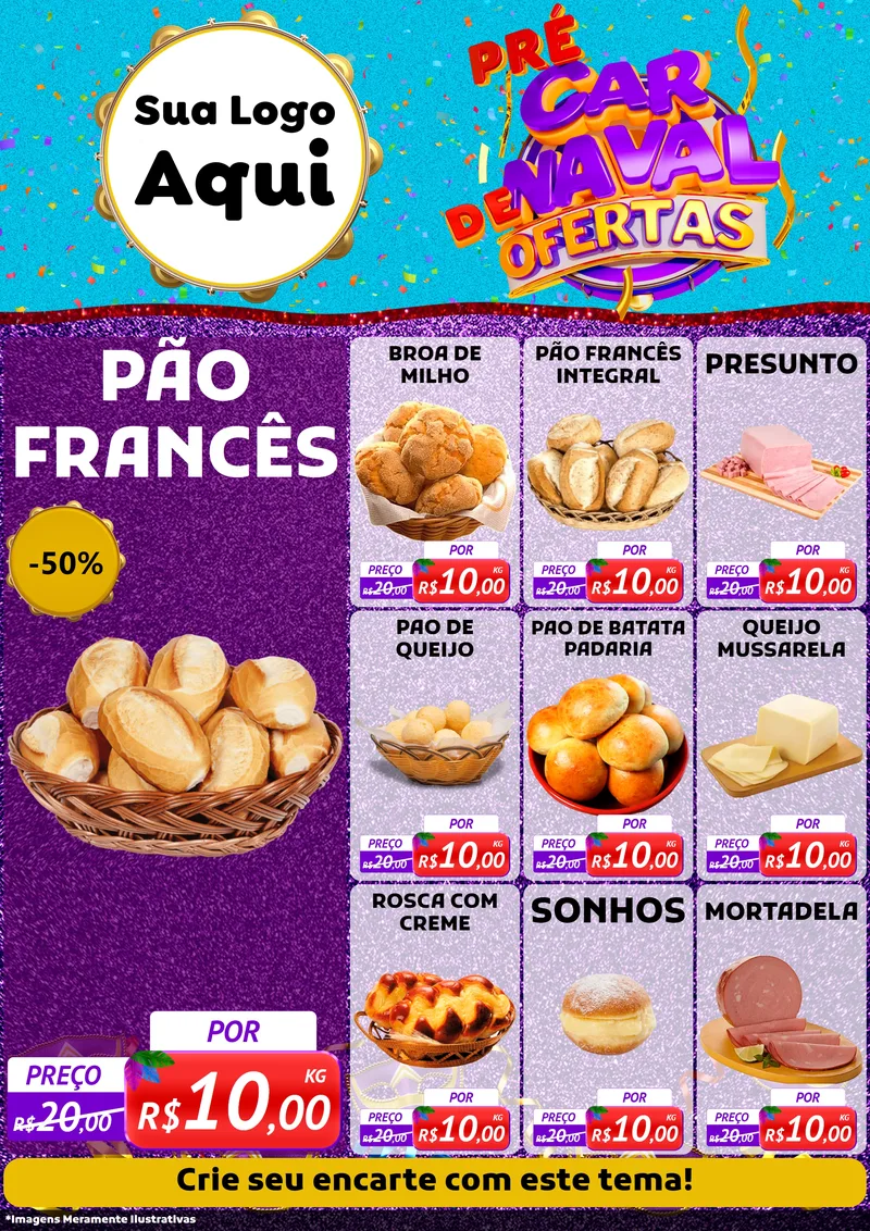 Modelo de Encarte para Encarte A4 Vertical com o tema Pré Carnaval de Ofertas para Padaria