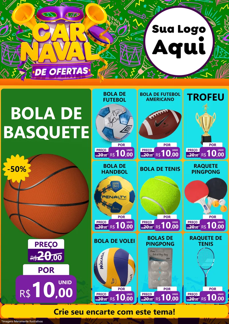 Modelo de Encarte para Encarte A4 Vertical com o tema Carnaval de Ofertas para Artigos Esportivos