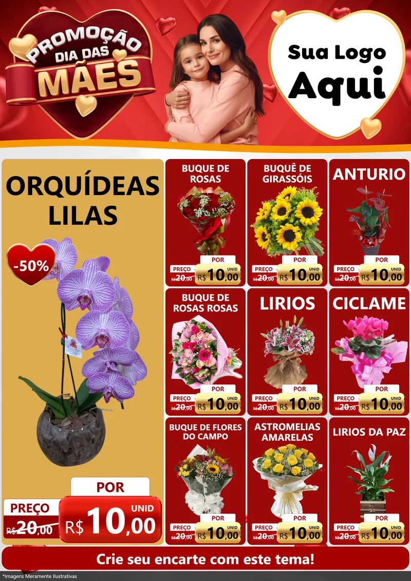 Modelo de Encarte para Encarte A4 Vertical com o tema Promoção Dia das Mães para Floricultura e jardim