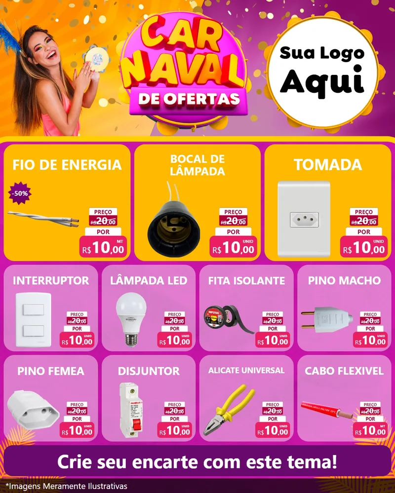 Modelo de Rede Social para Feed Instagram com o tema Carnaval de Ofertas para Materiais Elétricos