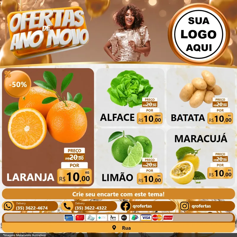 Modelo de Rede Social para Feed Facebook com o tema Ofertas de Ano Novo para Hortifrúti