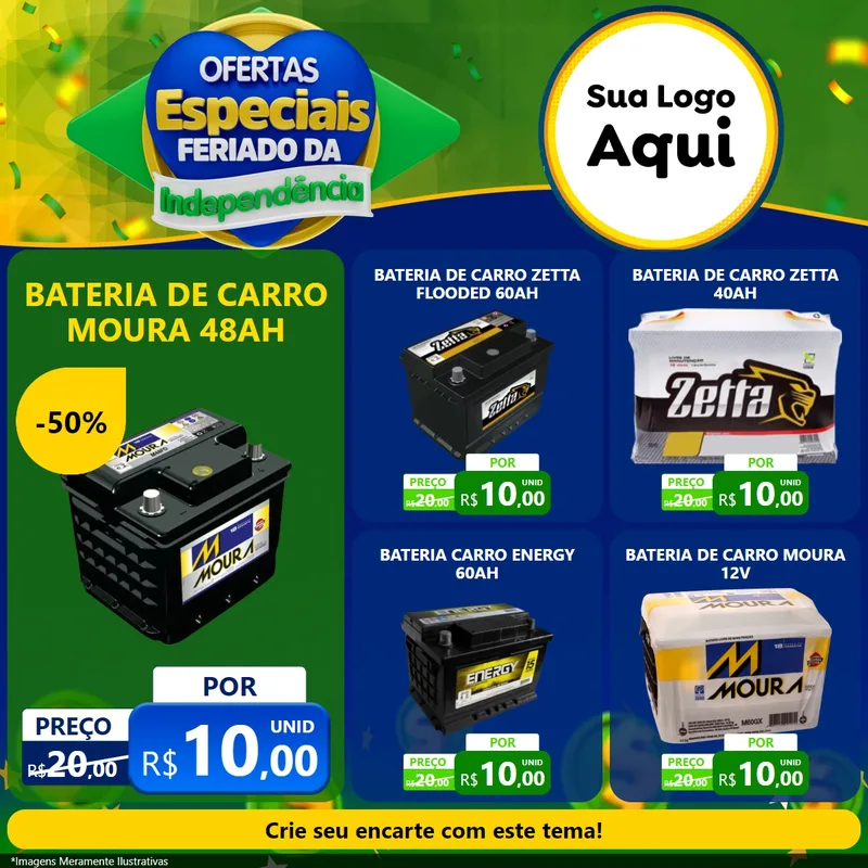 Modelo de Rede Social para Feed Facebook com o tema Ofertas Especiais Feriado da Independência para Baterias Elétricas