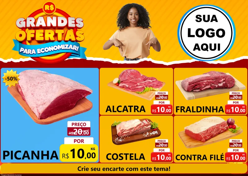 Modelo de Encarte para Encarte A4 Horizontal com o tema Grandes Ofertas Para Economizar! para Açougue