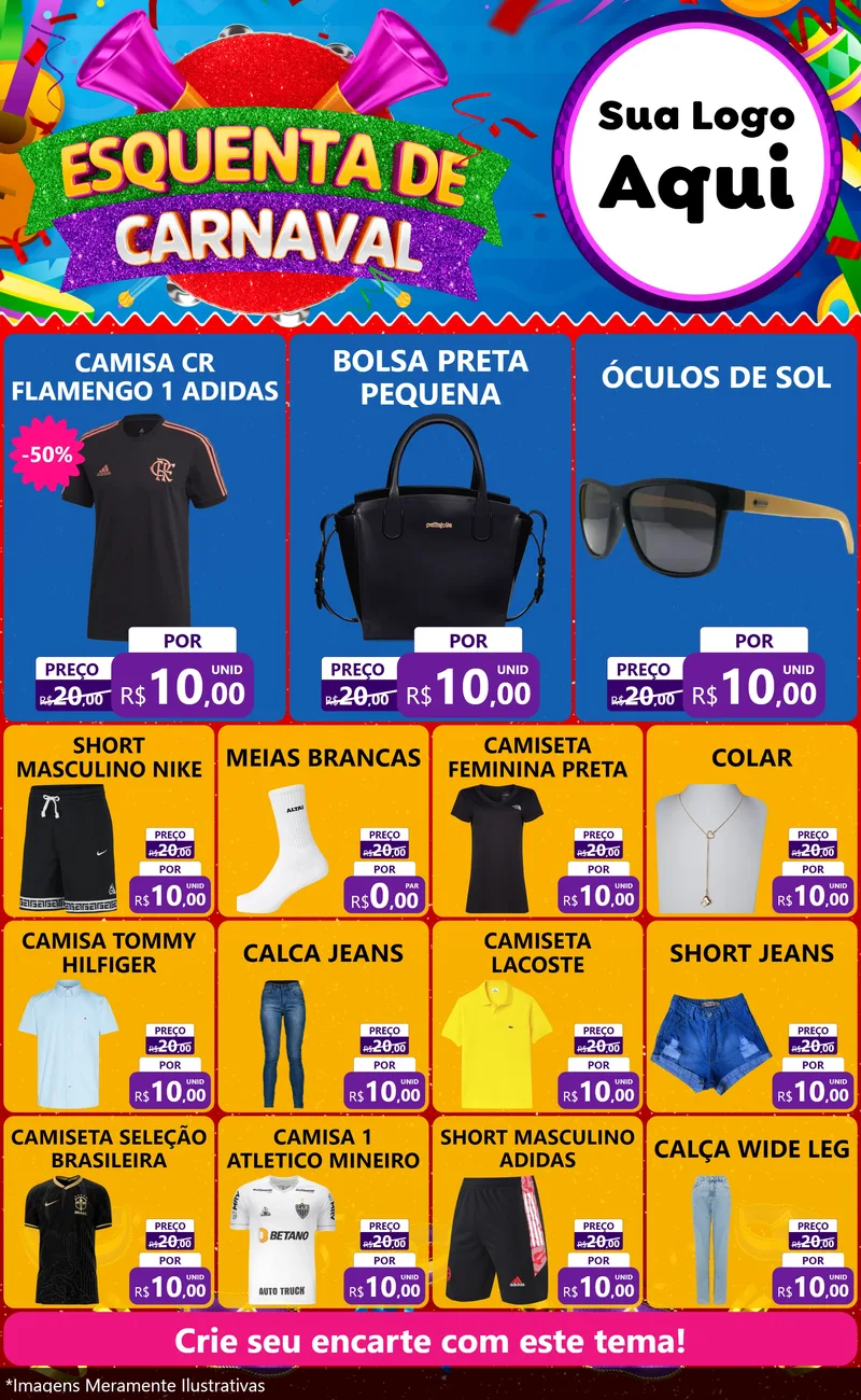 Modelo de Encarte para Encarte Grande com o tema Esquenta de Carnaval para Roupas e acessórios