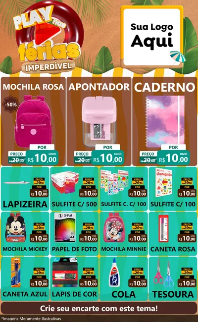 Modelo de Encarte para Encarte Grande com o tema Play Nas Férias Imperdível para Papelaria