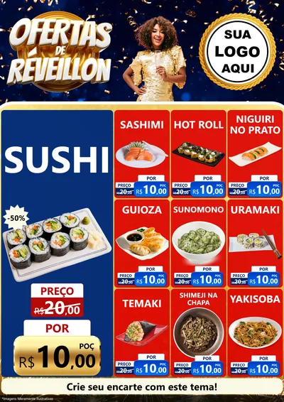Modelo de Encarte para Encarte A4 Vertical com o tema Ofertas de Réveillon para Comida japonesa