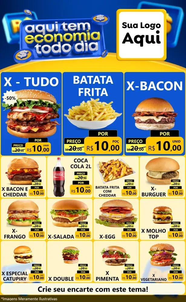 Modelo de Encarte para Encarte Grande com o tema Aqui Tem Economia Todo Dia para Hamburgueria