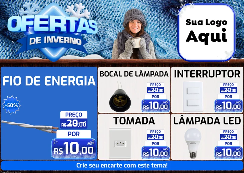 Modelo de Encarte para Encarte A4 Horizontal com o tema Ofertas de Inverno para Materiais Elétricos